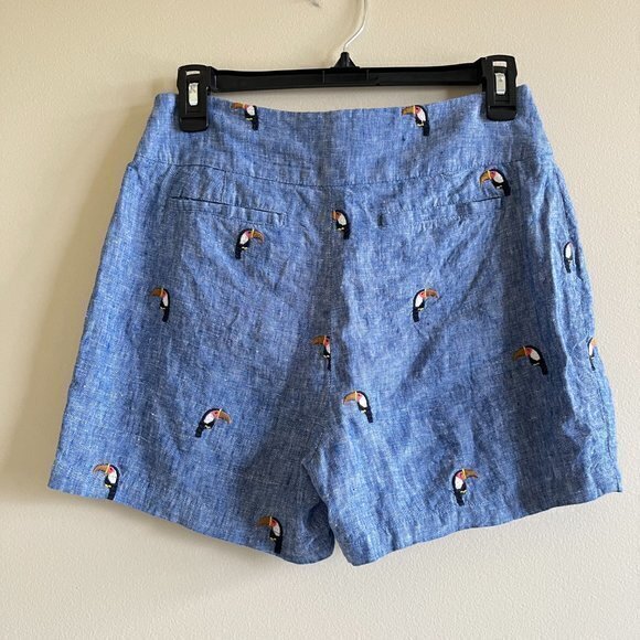 Boden 100% Linen Hornsea Linen Shorts Chambray with Toucans Womens Size 2 Blue - Picture 7 of 9